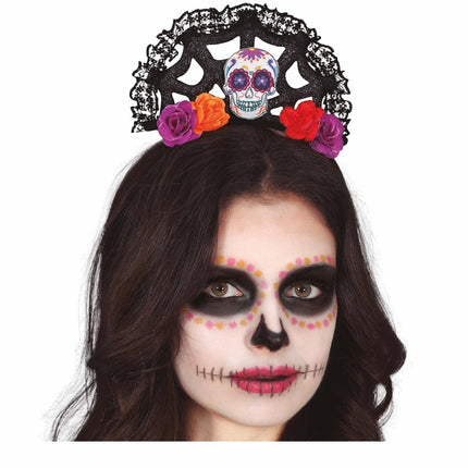 Dia De Los Muertos Haarband Bloemen En Doodshoofd van Fiestas Guirca koop je bij Partywinkel