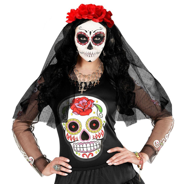 Dia De Los Muertos Haarband Sluier Met Rozen van Widmann koop je bij Partywinkel