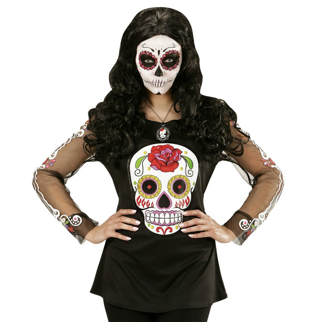 Dia De Los Muertos Shirt Zwart Wit Dames van Widmann koop je bij Partywinkel