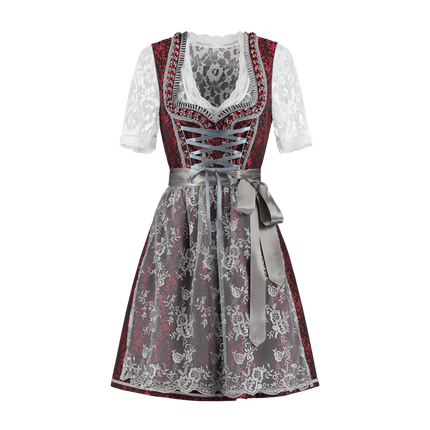 Dirndl 2 pezzi, rosso/grigio argento, grembiule in pizzo