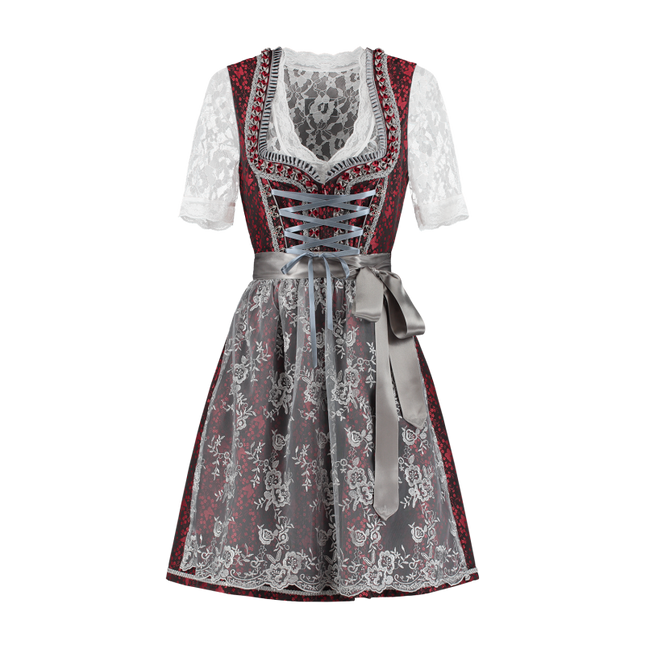 Dirndl 2 pezzi, rosso/grigio argento, grembiule in pizzo