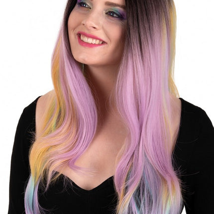 Parrucca Selena lunga con riccioli arcobaleno pastello
