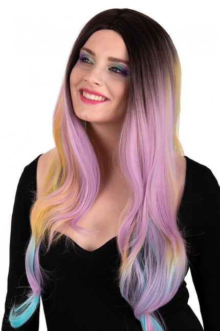Parrucca Selena lunga con riccioli arcobaleno pastello