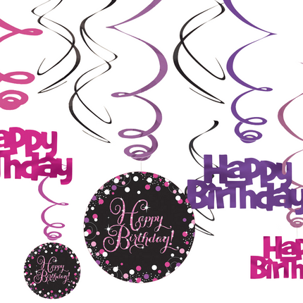 Decorazione appesa di compleanno Buon Compleanno Rosa 61cm 12pz