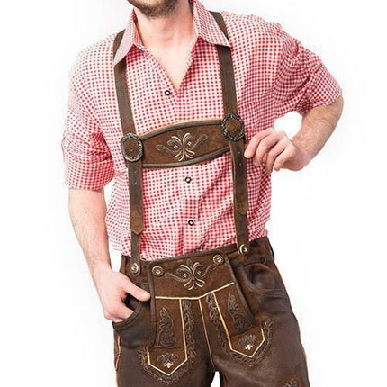 Lederhose in pelle corti marrone scuro con cuciture e bretelle