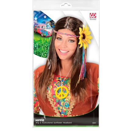 Parrucca Hippie 60S marrone con cerchietto girasole