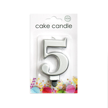 Candela 5 anni argento metallizzato 8 cm