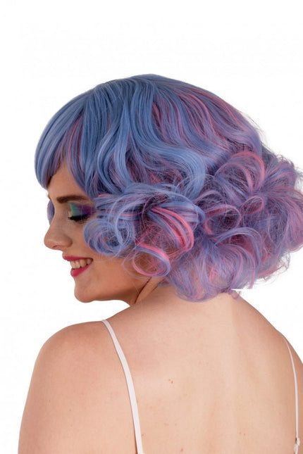 Parrucca Arlene corta con riccioli blu e rosa pastello
