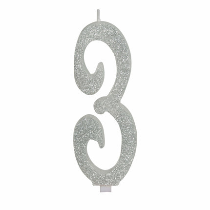 Candela Argento 3 Anni Glitter 12,5 cm