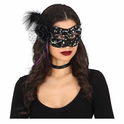 Maschera occhi nera con paillettes floreali