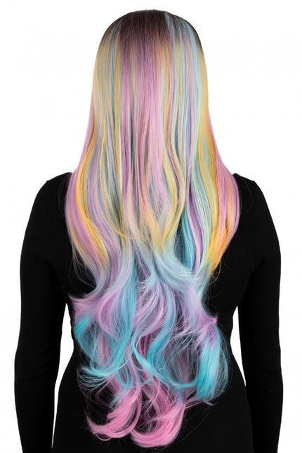 Parrucca Selena lunga con riccioli arcobaleno pastello