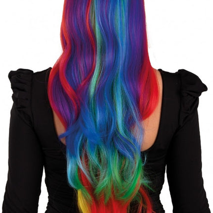 Parrucca Selena lunga con riccioli arcobaleno su tutto il corpo