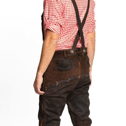 Lederhose in pelle lunga marrone scuro con cuciture e bretelle