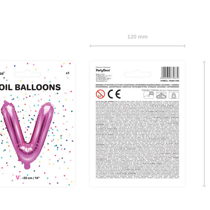 Palloncino in foil Lettera V Rosa Vuoto 35cm
