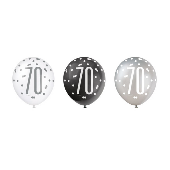 Palloncini 70 anni a pois neri 30cm 6pz