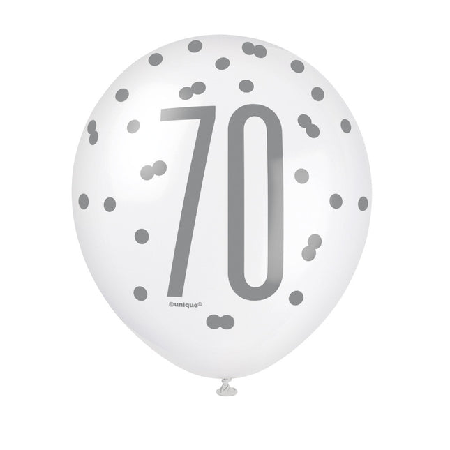 Palloncini 70 anni a pois neri 30cm 6pz