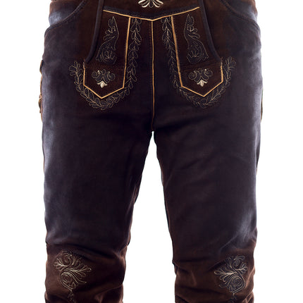 Lederhose in pelle lunga marrone scuro con cuciture e bretelle