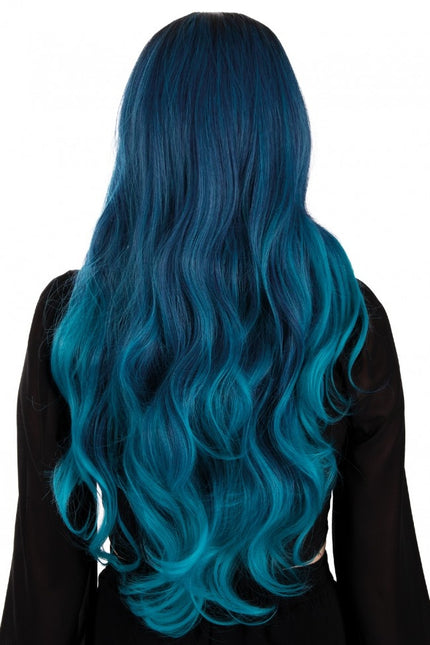 Parrucca Selena capelli lunghi con riccioli nero blu petrolio