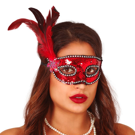 Maschera rossa Piume Paillettes