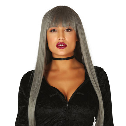 Parrucca di Halloween capelli lunghi con frangetta grigio