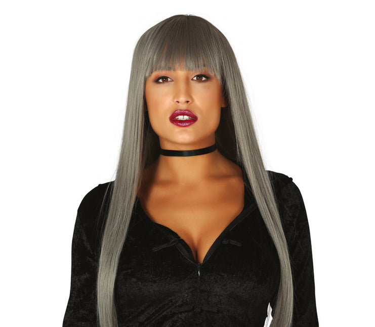 Parrucca di Halloween capelli lunghi con frangetta grigio