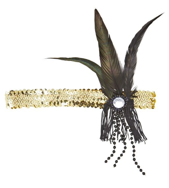 Cerchietto oro con paillettes e piume