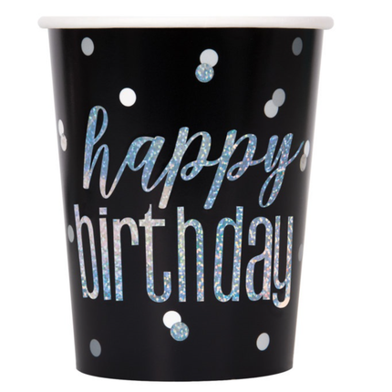 Tazze di buon compleanno nere glitterate 266ml 8pz