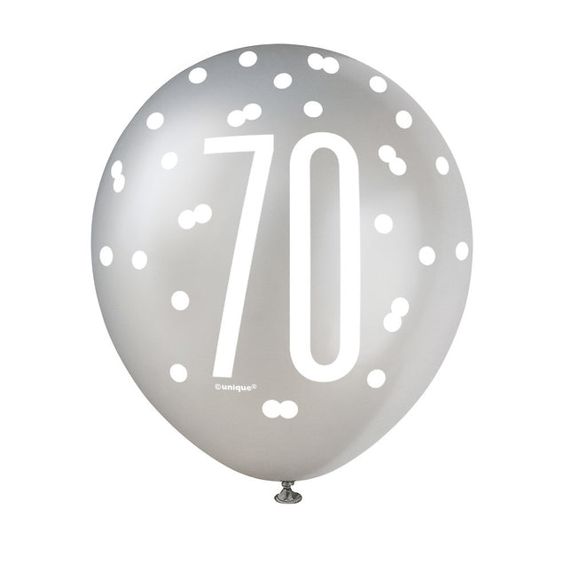 Palloncini 70 anni a pois neri 30cm 6pz
