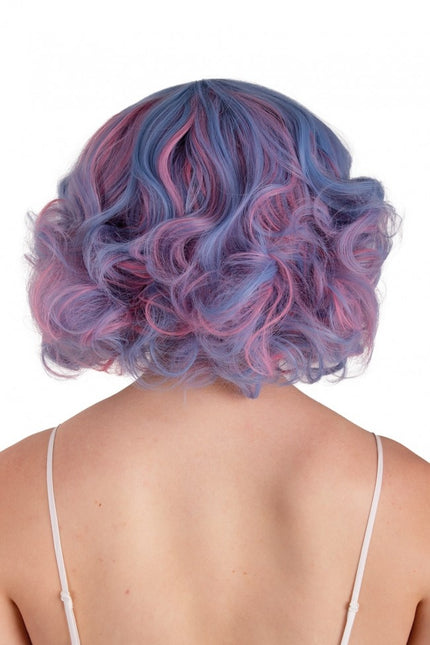 Parrucca Arlene corta con riccioli blu e rosa pastello