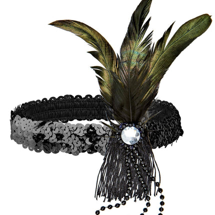 Fascia nera con paillettes e piume