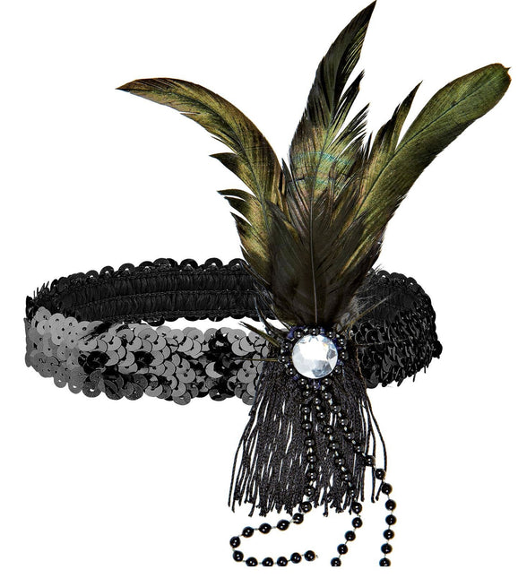 Fascia nera con paillettes e piume