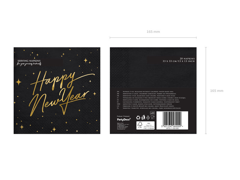 Tovaglioli Happy New Year Nero 33cm 20pz