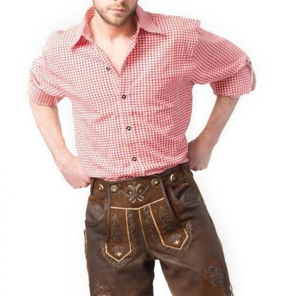 Lederhose in pelle corti marrone scuro con cuciture e bretelle