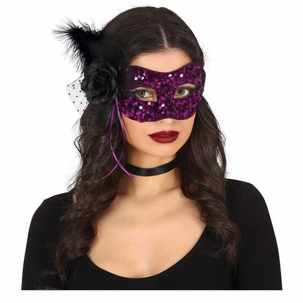 Maschera occhi viola con lustrini floreali