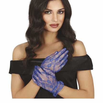 Guanti blu in pizzo 22 cm