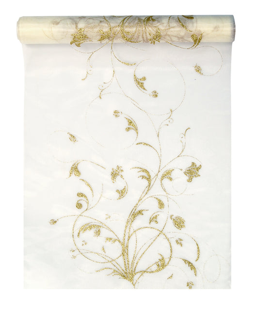Tessuto Organza Vanilla Creme Fiori Oro 36cm 9m