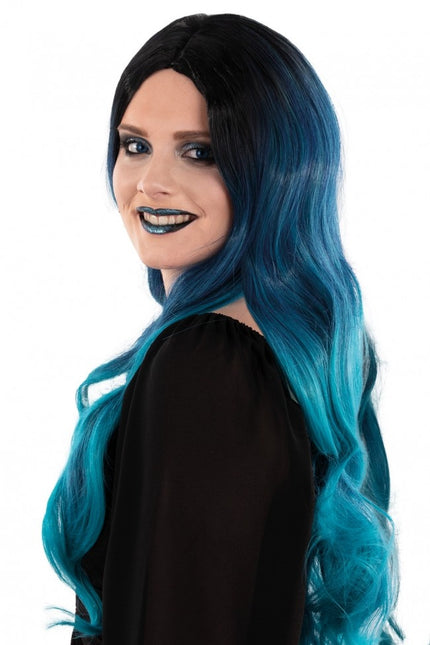 Parrucca Selena capelli lunghi con riccioli nero blu petrolio