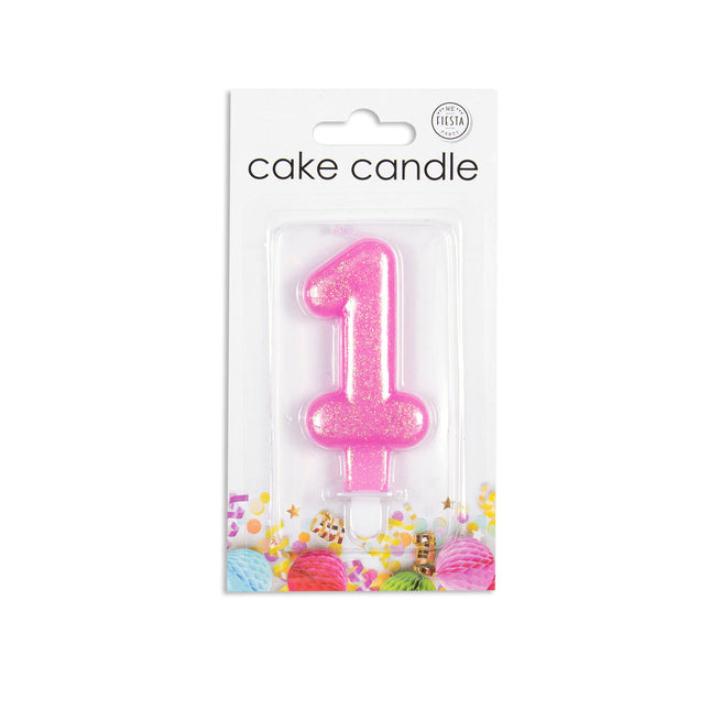 Candela 1 Anno Rosa Glitter 7cm