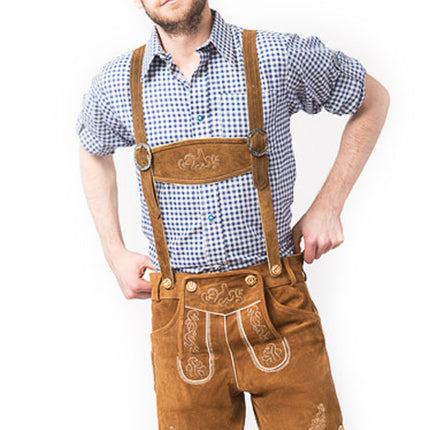 Lederhose in pelle corta marrone e bretelle