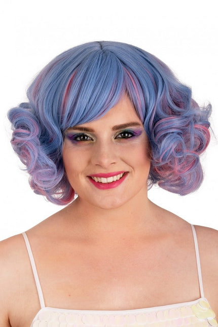 Parrucca Arlene corta con riccioli blu e rosa pastello