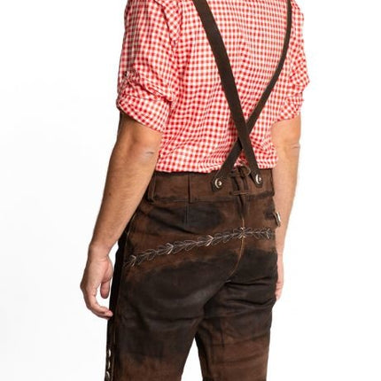 Lederhose in pelle corti marrone scuro con cuciture e bretelle