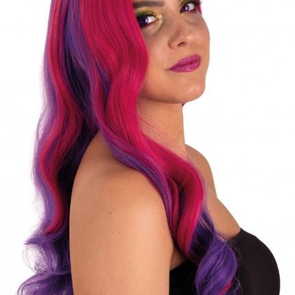 Parrucca Selena lunga con riccioli rosa e viola