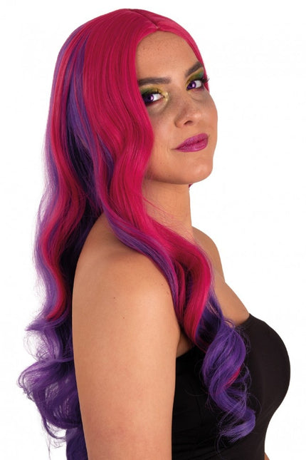 Parrucca Selena lunga con riccioli rosa e viola