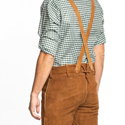 Lederhose in pelle corta marrone e bretelle