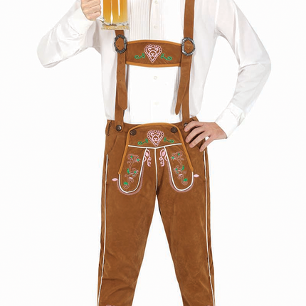 Pantaloni in pelle lunghi marroni con bretelle regolabili