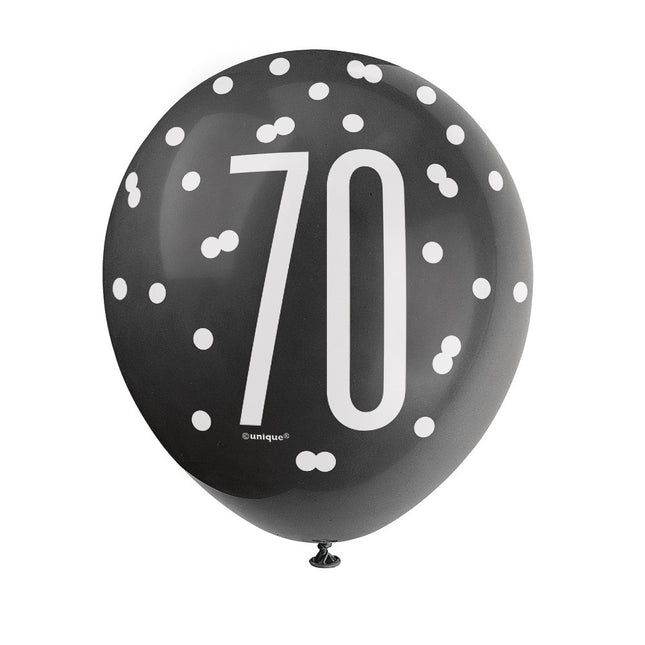 Palloncini 70 anni a pois neri 30cm 6pz