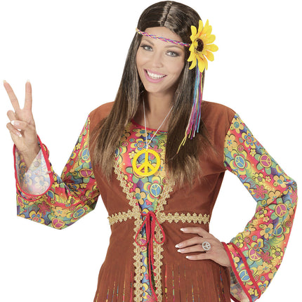 Parrucca Hippie 60S marrone con cerchietto girasole