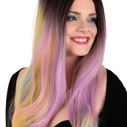 Parrucca Selena lunga con riccioli arcobaleno pastello
