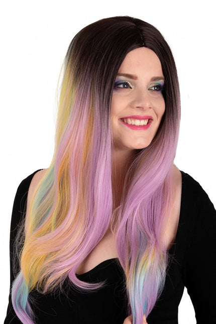 Parrucca Selena lunga con riccioli arcobaleno pastello