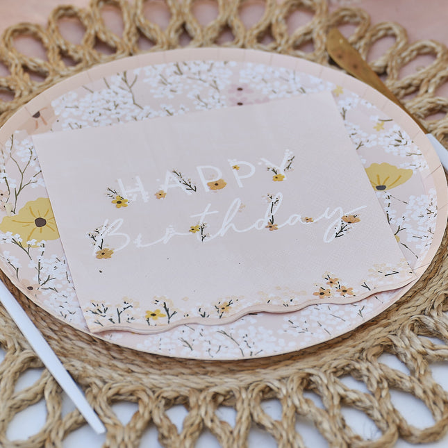 Tovaglioli di Buon Compleanno Fiori Rosa 16,5 cm 16 pezzi